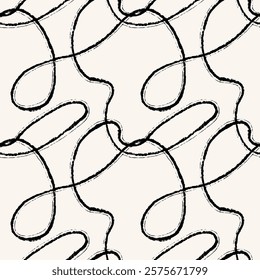 Trendy aesthetic abstract seamless pattern with bold brush strokes, textured in classic colours of black and off white. Painted curvy lines for presentations, wrapping paper, wallpaper, printable