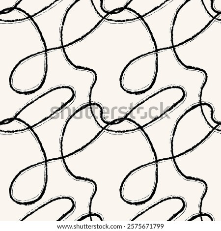 Trendy aesthetic abstract seamless pattern with bold brush strokes, textured in classic colours of black and off white. Painted curvy lines for presentations, wrapping paper, wallpaper, printable