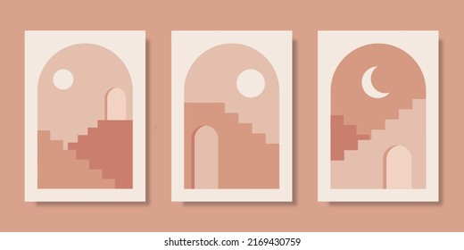 Trendy aesthetic geometric architectural collection, moroccan stairs, walls, doors. Vector poster for wall decoration in vintage style