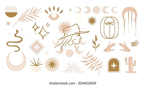 Trendy aesthetic illustrations in boho style. Set of isolated vector natural design elements perfect for prints, social media, interior decor. Hand-drawn bohemian symbols in warm pastel colors.