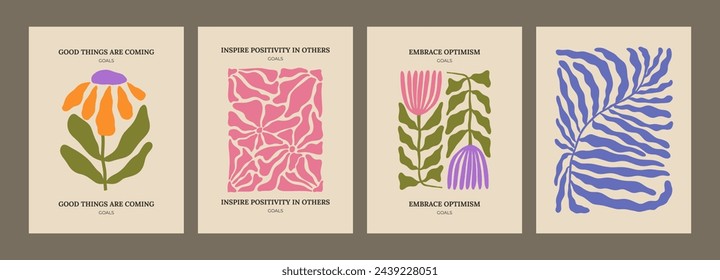 Trendy aesthetic posters with abstract groovy floral shape with flowers and leaves. Simple irregular wild plants. Naive funky prints for wall art, interior decorations. Boho summer illustrations.