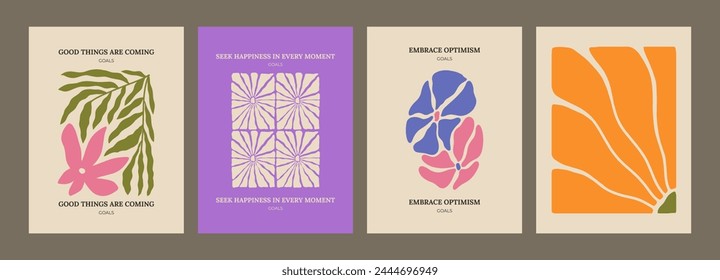 Trendy aesthetic posters with abstract groovy floral shape with flowers and leaves. Simple irregular wild plants. Naive funky prints for wall art, interior decorations. Boho summer illustrations.