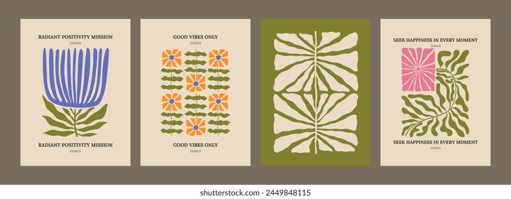 Trendy aesthetic posters with abstract groovy floral shape with flowers and leaves. Simple irregular wild plants. Naive funky prints for wall art, interior decorations. Boho summer illustrations.