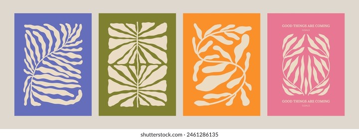 Trendy aesthetic posters with abstract groovy floral shape with flowers and leaves. Simple irregular wild plants. Naive funky prints for wall art, interior decorations. Boho summer illustrations.