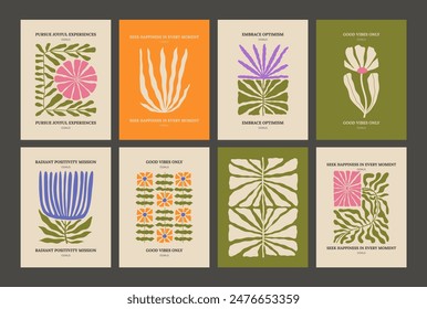 Trendy aesthetic posters with abstract groovy floral shape with flowers and leaves. Simple irregular wild plants. Naive funky prints for wall art, interior decorations. Boho summer illustrations.