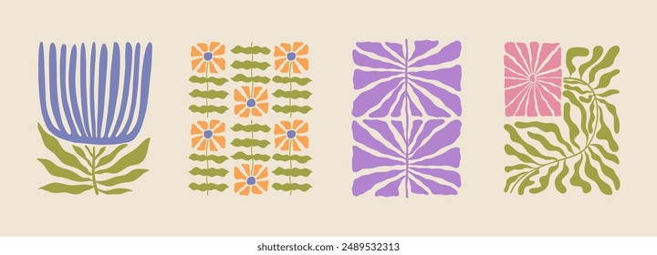 Trendy aesthetic posters with abstract groovy floral shape with flowers and leaves. Simple irregular wild plants. Naive funky prints for wall art, interior decorations. Boho summer illustrations.
