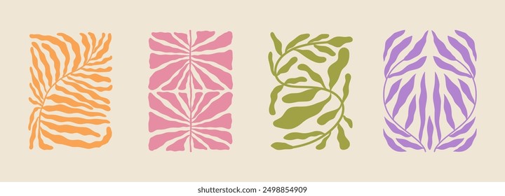 Carteles estéticos de moda con forma floral groovy abstracto con flores y hojas. Plantas silvestres irregulares simples. Ingenuas impresiones funky para el arte de la pared, decoraciones interiores. Boho ilustraciones de verano.