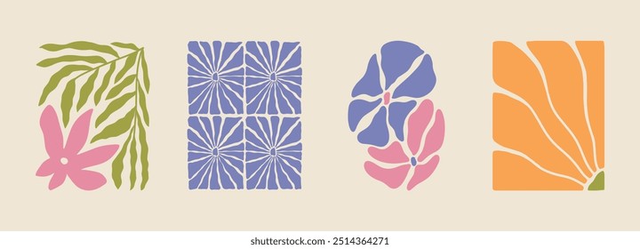 Trendy aesthetic posters with abstract groovy floral shape with flowers and leaves. Simple irregular wild plants. Naive funky prints for wall art, interior decorations. Boho summer illustrations.