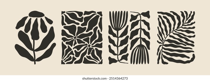 Trendy aesthetic posters with abstract groovy floral shape with flowers and leaves. Simple irregular wild plants. Black and White Naive funky prints for wall art. Boho summer illustrations.