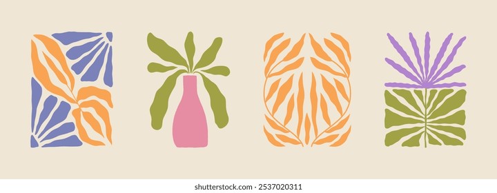 Trendy aesthetic posters with abstract groovy floral shape with flowers and leaves. Simple irregular wild plants. Naive funky prints for wall art, interior decorations. Boho summer illustrations.