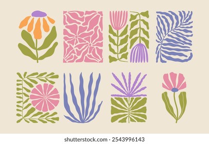 Trendy aesthetic posters with abstract groovy floral shape with flowers and leaves. Simple irregular wild plants. Naive funky prints for wall art, interior decorations. Boho summer illustrations.