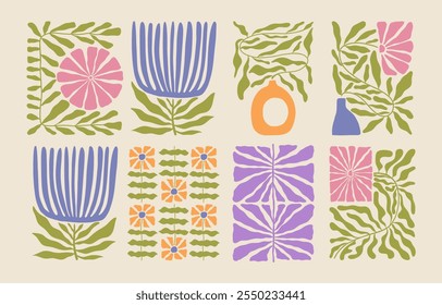 Trendy aesthetic posters with abstract groovy floral shape with flowers and leaves. Simple irregular wild plants. Naive funky prints for wall art, interior decorations. Boho summer illustrations.