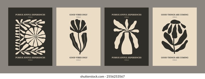 Trendy aesthetic posters with abstract groovy floral shape with flowers and leaves. Simple irregular wild plants. Black and White Naive funky prints for wall art. Boho summer illustrations.