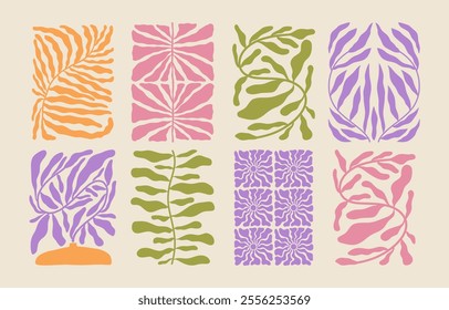 Trendy aesthetic posters with abstract groovy floral shape with flowers and leaves. Simple irregular wild plants. Naive funky prints for wall art, interior decorations. Boho summer illustrations.