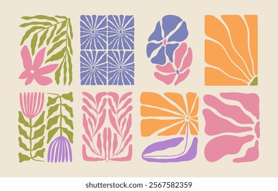 Trendy aesthetic posters with abstract groovy floral shape with flowers and leaves. Simple irregular wild plants. Naive funky prints for wall art, interior decorations. Boho summer illustrations.