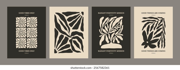 Trendy aesthetic posters with abstract groovy floral shape with flowers and leaves. Simple irregular wild plants. Black and White Naive funky prints for wall art. Boho summer illustrations.