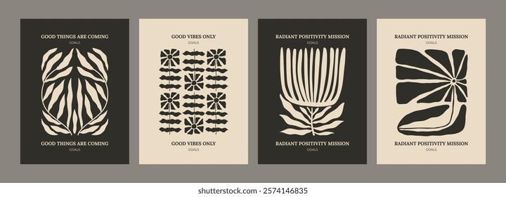 Trendy aesthetic posters with abstract groovy floral shape with flowers and leaves. Simple irregular wild plants. Black and White Naive funky prints for wall art. Boho summer illustrations.