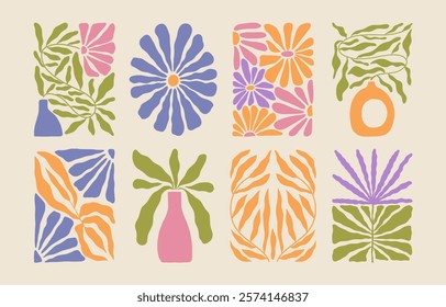 Trendy aesthetic posters with abstract groovy floral shape with flowers and leaves. Simple irregular wild plants. Naive funky prints for wall art, interior decorations. Boho summer illustrations.