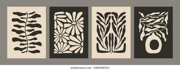 Trendy aesthetic posters with abstract groovy floral shape with flowers and leaves. Simple irregular wild plants. Black and White Naive funky prints for wall art. Boho summer illustrations.