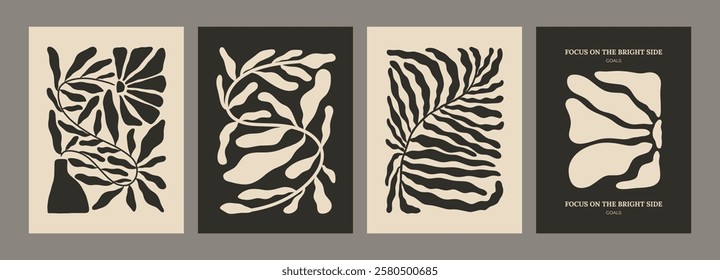 Trendy aesthetic posters with abstract groovy floral shape with flowers and leaves. Simple irregular wild plants. Black and White Naive funky prints for wall art. Boho summer illustrations.