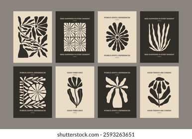 Trendy aesthetic posters with abstract groovy floral shape with flowers and leaves. Simple irregular wild plants. Black and White Naive funky prints for wall art. Boho summer illustrations.