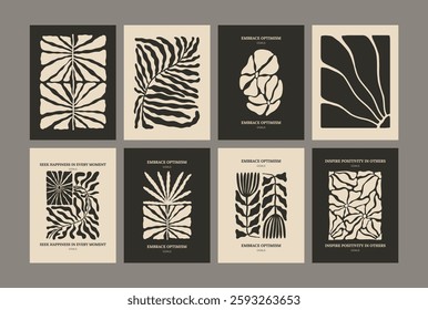 Trendy aesthetic posters with abstract groovy floral shape with flowers and leaves. Simple irregular wild plants. Black and White Naive funky prints for wall art. Boho summer illustrations.