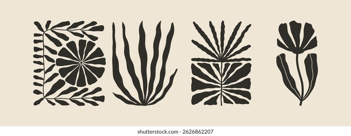 Trendy aesthetic posters with abstract groovy floral shape with flowers and leaves. Simple irregular wild plants. Black and White Naive funky prints for wall art. Boho summer illustrations.