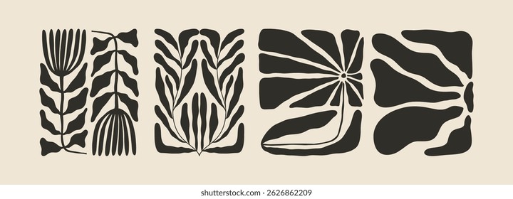 Trendy aesthetic posters with abstract groovy floral shape with flowers and leaves. Simple irregular wild plants. Black and White Naive funky prints for wall art. Boho summer illustrations.