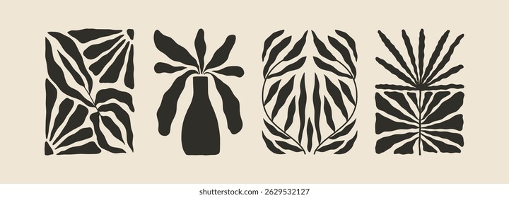 Trendy aesthetic posters with abstract groovy floral shape with flowers and leaves. Simple irregular wild plants. Black and White Naive funky prints for wall art. Boho summer illustrations.