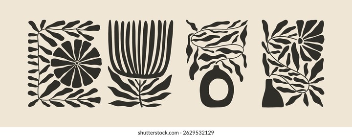 Trendy aesthetic posters with abstract groovy floral shape with flowers and leaves. Simple irregular wild plants. Black and White Naive funky prints for wall art. Boho summer illustrations.