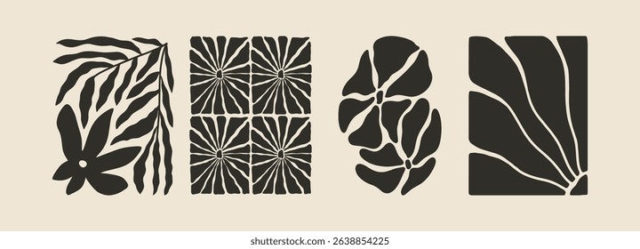 Trendy aesthetic posters with abstract groovy floral shape with flowers and leaves. Simple irregular wild plants. Black and White Naive funky prints for wall art. Boho summer illustrations.