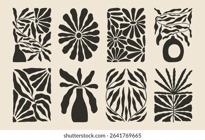 Trendy aesthetic posters with abstract groovy floral shape with flowers and leaves. Simple irregular wild plants. Black and White Naive funky prints for wall art. Boho summer illustrations.