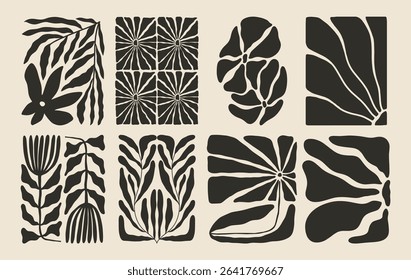Trendy aesthetic posters with abstract groovy floral shape with flowers and leaves. Simple irregular wild plants. Black and White Naive funky prints for wall art. Boho summer illustrations.