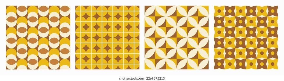 Trendy  aesthetic retro set geometric seamless patterns.  Modern abstract background. Yellow, beige and brown colors. Vector illustration