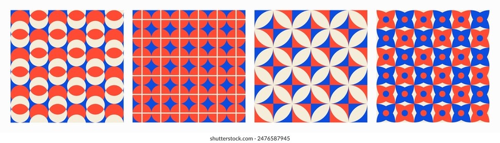 Trendy aesthetic retro set geometric seamless patterns. Modern abstract background. Blue and red colors. Vector illustration