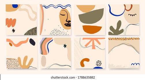 Trendy aesthetic set of abstract artistic backgrounds. Modern hand drawn vector illustrations. 