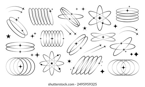 Trendy aesthetic shapes in y2k style. Outline line elements with stars and sparkles. Abstract geometric signs in retro style. Aesthetic of cosmos and galaxy. Vector illustration.