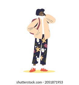 Trendy african american girl wearing stylish autumn outfit happy smiling and talking on phone call. Young woman hipster in street style clothes. Cartoon flat vector illustration