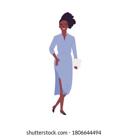 Trendy African American woman holding clutch bag vector flat illustration. Stylish young black skin businesswoman in elegant dress standing isolated on white. Smiling female in fashionable apparel