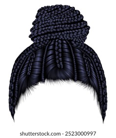 Moño de pelo africano de moda con trenzas de mazorcas. Negro .Realist 3D.
 Estilo de belleza de moda.