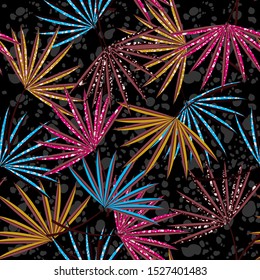 Trendy African prints in tropical forest leaves and foliage mood layer on hand drawn dots seamless pattern in vector ,Design for fashion , fabric, web ,wallpaper , and all prints on black background 