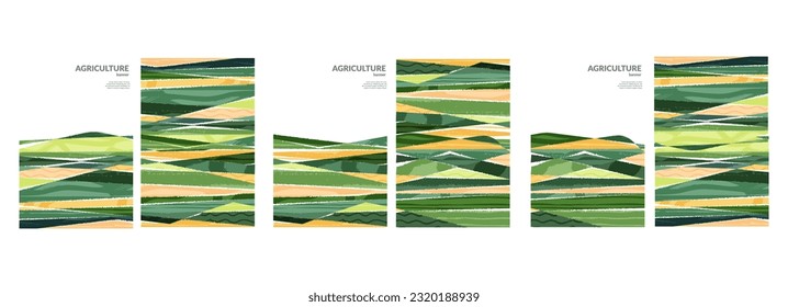 Trendy agriculture field template or farm card background. Nature or hill pattern layout, spring countryside poster, ecology flayer. Summer nature backdrop, organic design set. Abstract eco mountain