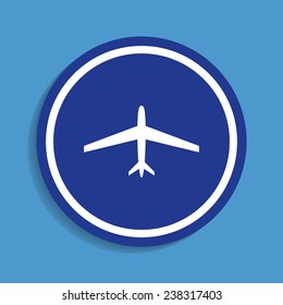 Trendy airplane icon with the white silhouette of a plane on a blue background, vector, EPS 10