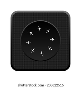 Trendy airplane icon with the white silhouette of a plane  black square plastic button, vector, EPS 10