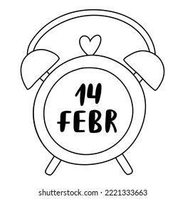 Trendy alarm o'clock with date of 14 of February on clock face, dial. Hand drawn vector doodle. Concept of love, romance, holiday, 14 of February. For Valentine's day card, sticker, media, scrapbook.