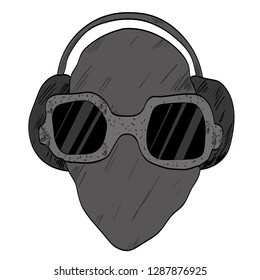 Trendy alien guy listens to music. Without background.