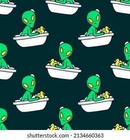 Trendy alien on bathtub, Background seamless pattern illustration for t-shirt, sticker, or apparel merchandise. With retro, and doodle cartoon style.