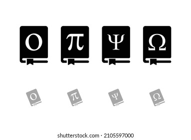 Trendy Alphabet Book Minimal Logo Symbol Designs. Vector Logo Templates. A modern vector symbols of creative books with greek alphabet on it. Omicron, Pi, Psi, Omega customized vector symbols. EPS10