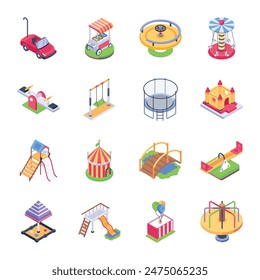 Trendy Amusement Park Isometric Icons