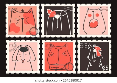 Design moderno de selos postais de animais. Engraçado linhagem de gatos e cães. Elementos gráficos com animais de estimação bonitos. 